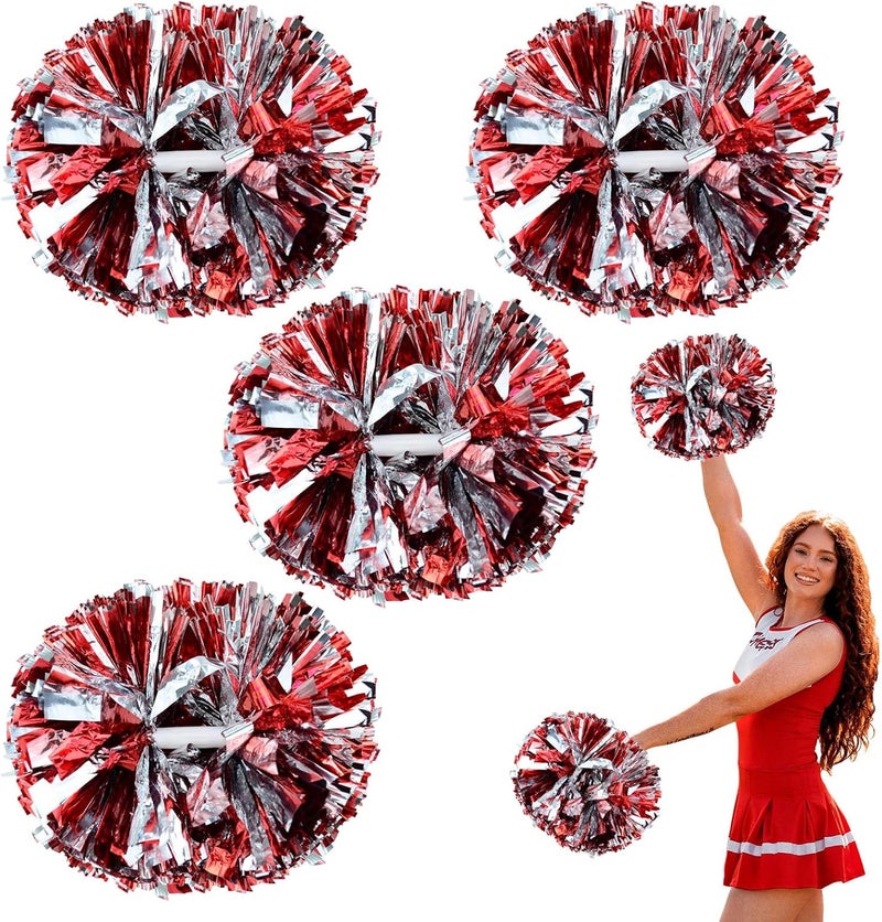 Zankubom 4 Pcs Metallic Cheerleading Pom Poms, 12Inch Cheerleader Pompoms with Baton Handle for School Team Sports Games Dance Cheer - Image 1